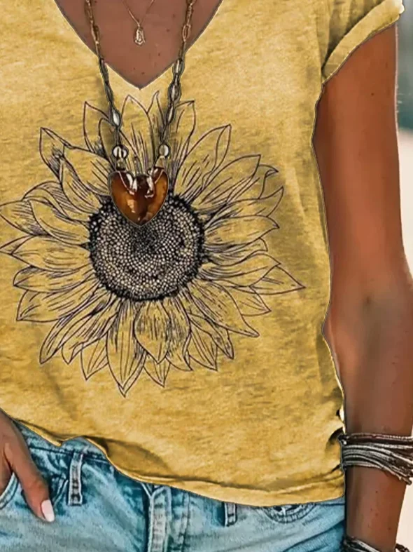 Damen Geblümt Kurzarm T-Shirts T-Shirt V-Ausschnitt Print Lässig Sommer T-Shirt mit Grafik Oberteile