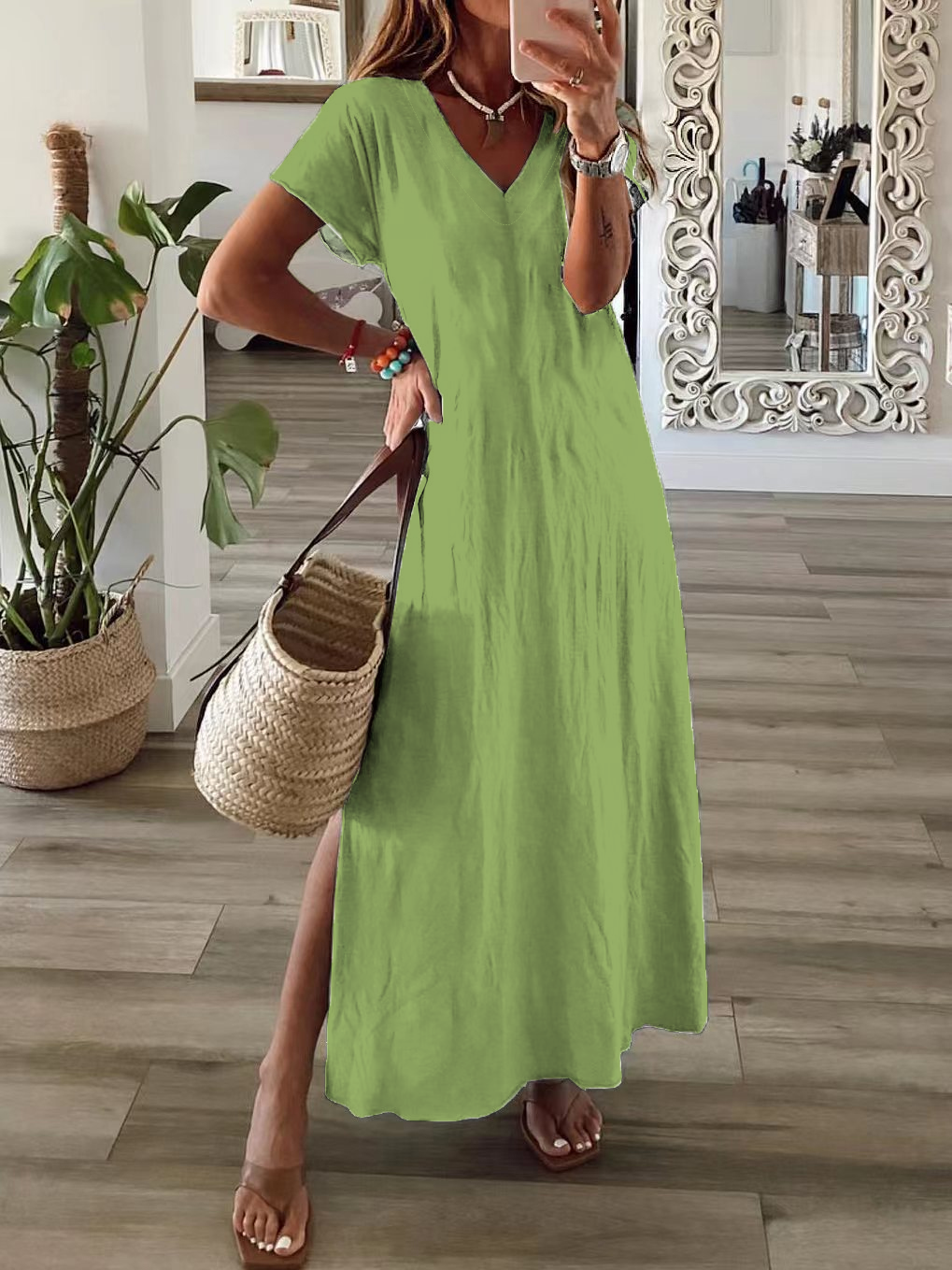 Damen Unifarben Kurzarm Sommer Print Kleid V-Ausschnitt Täglich Lässig Maxikleid X-Linie Kleid