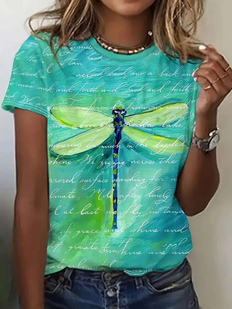 Damen Libelle Kurzarm T-Shirts T-Shirt Rundhals Print Lässig Sommer T-Shirt mit Grafik Oberteile