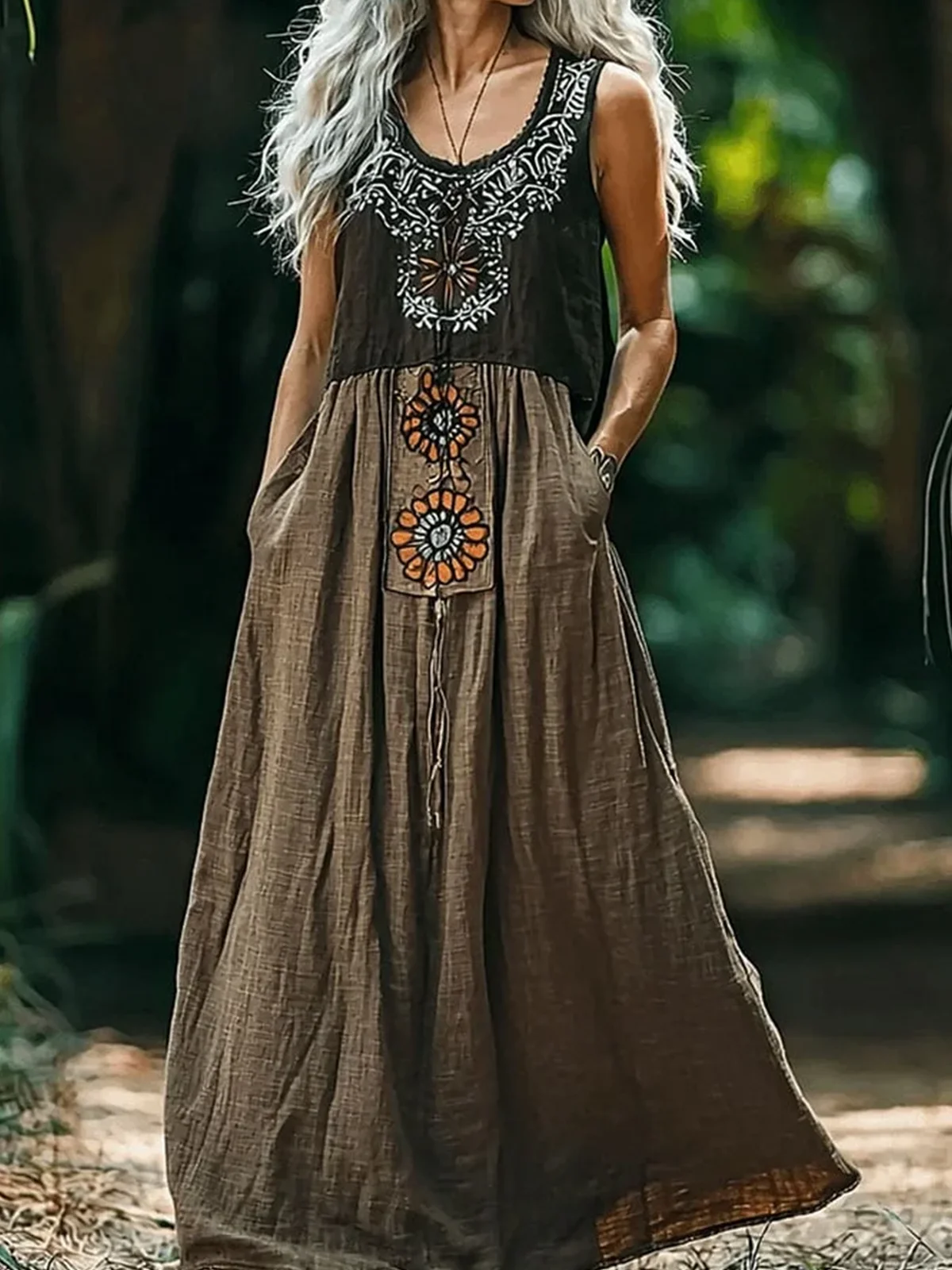 Damen Ethnisch Geometrie Ärmellos Sommer Kleid V-Ausschnitt Täglich Retro Maxikleid A-Linien-Kleid