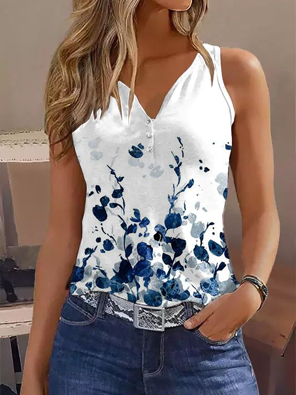 Damen Ärmellos Tanktop Oberteile Leibchen Sommer Geblümt Print V-Ausschnitt Täglich Lässig Oberteile