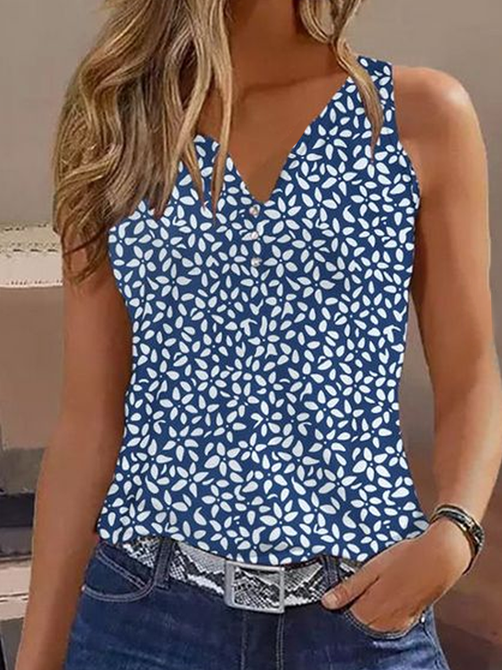 Damen Ärmellos Tanktop Oberteile Leibchen Sommer Geblümt Print V-Ausschnitt Täglich Lässig Oberteile