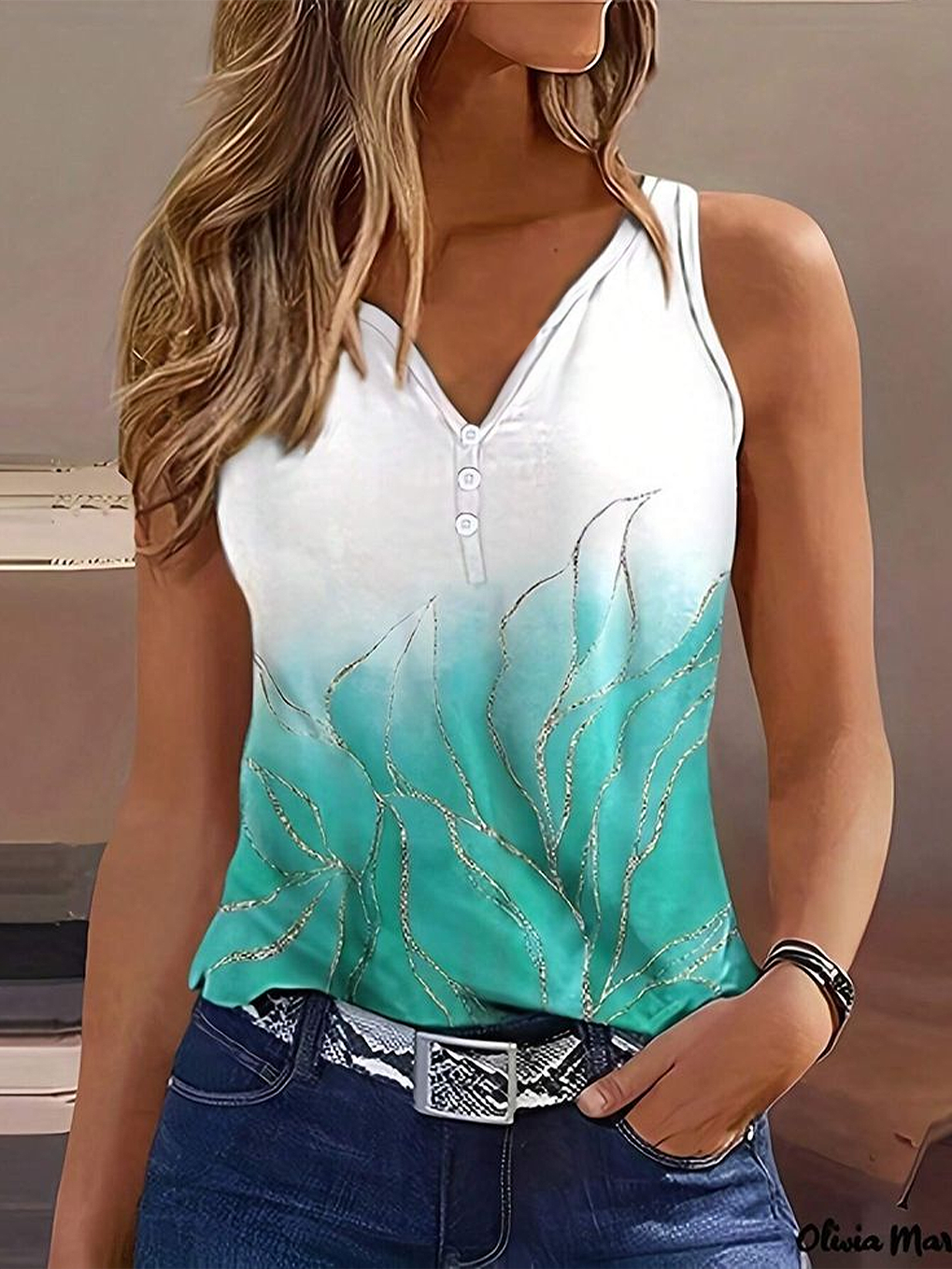 Damen Ärmellos Tanktop Oberteile Leibchen Sommer Abstrakt Print V-Ausschnitt Täglich Lässig Oberteile