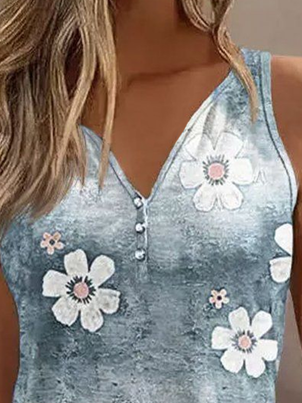 Damen Ärmellos Tanktop Oberteile Leibchen Sommer Geblümt Print V-Ausschnitt Täglich Lässig Oberteile