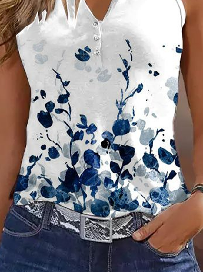 Damen Ärmellos Tanktop Oberteile Leibchen Sommer Geblümt Print V-Ausschnitt Täglich Lässig Oberteile