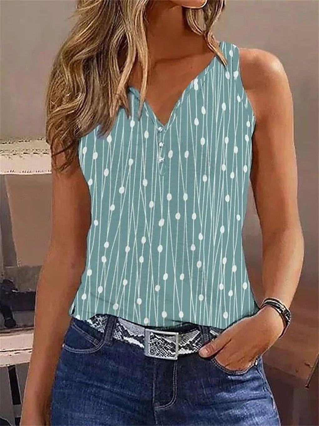 Damen Ärmellos Tanktop Oberteile Leibchen Sommer Geblümt Print V-Ausschnitt Täglich Lässig Oberteile