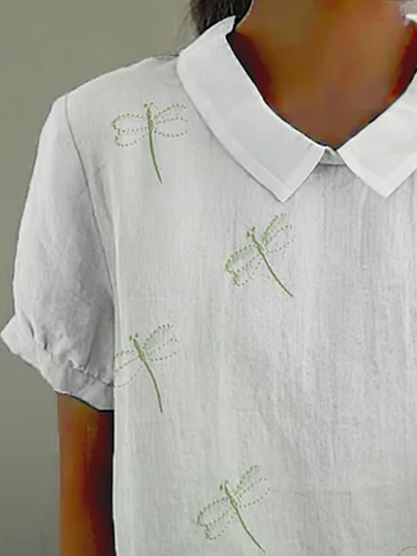 Damen Libelle Kurzarm Bluse Sommer Schalkragen Täglich Lässig Oberteile