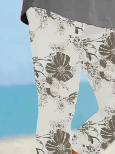 Damen Geblümt Caprihosen Elastische Taille Hose Lässig Sommer Hose