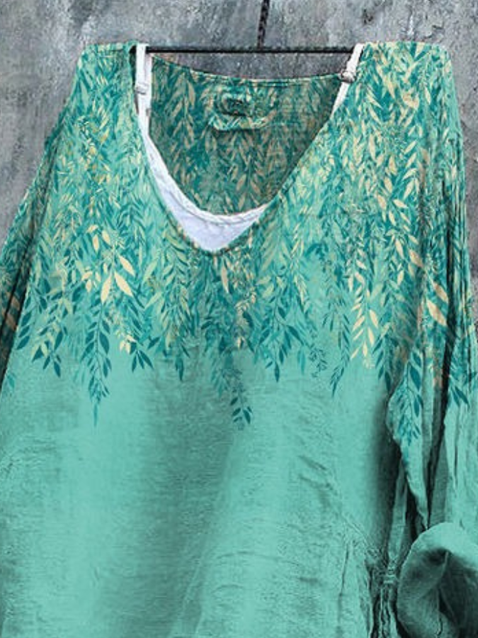 Damen Pflanzen Langarm T-Shirts T-Shirt V-Ausschnitt Retro Frühling/Herbst Oberteile