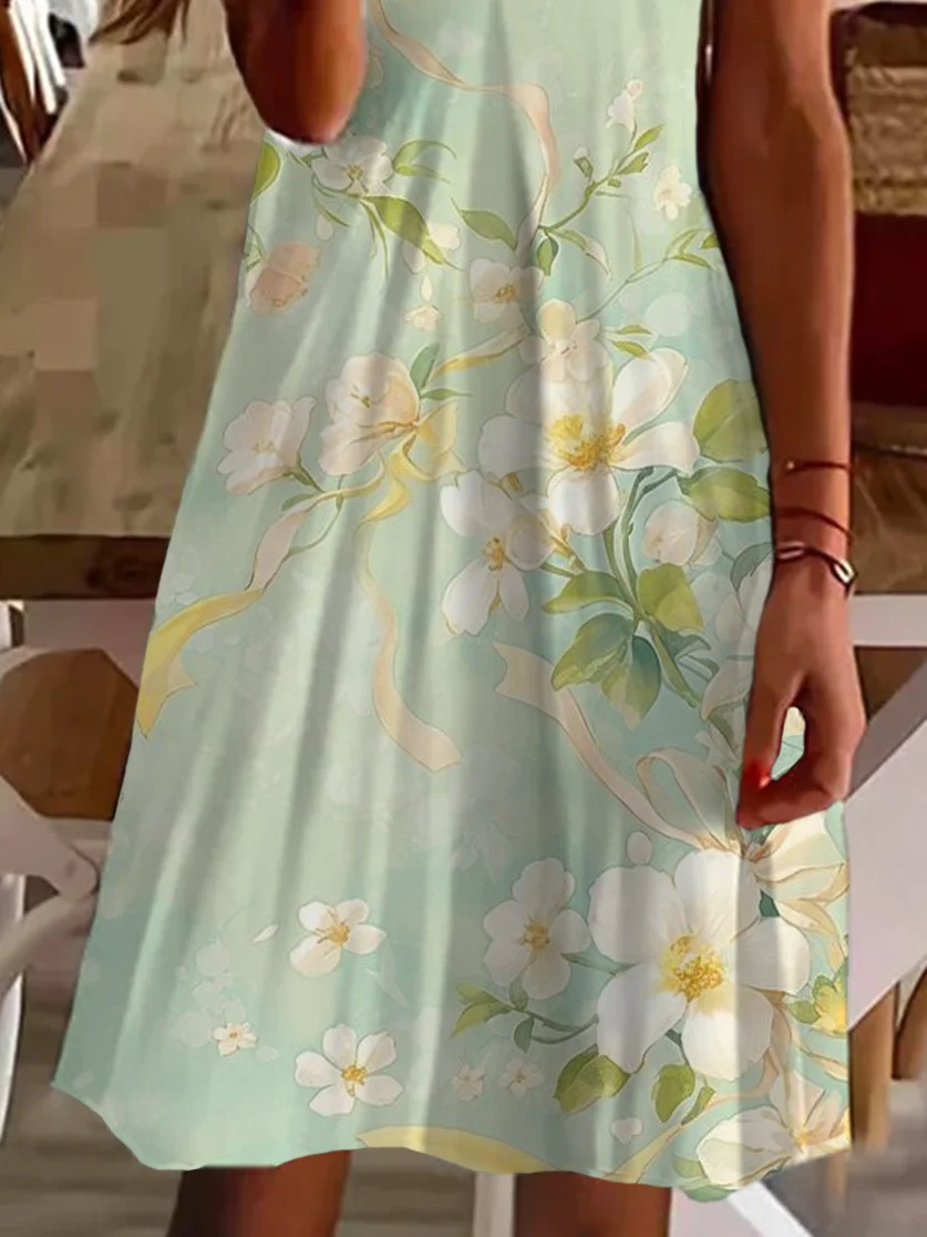 Damen Geblümt Kurzarm Sommer Print Kleid V-Ausschnitt Täglich Lässig Midi Passen & Flare Kleid A-Linien-Kleid