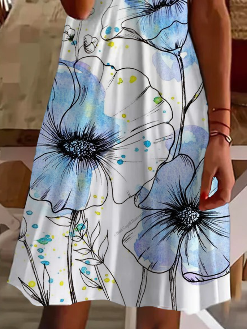 Damen Geblümt Kurzarm Sommer Print Kleid V-Ausschnitt Täglich Lässig Midi Passen & Flare Kleid A-Linien-Kleid