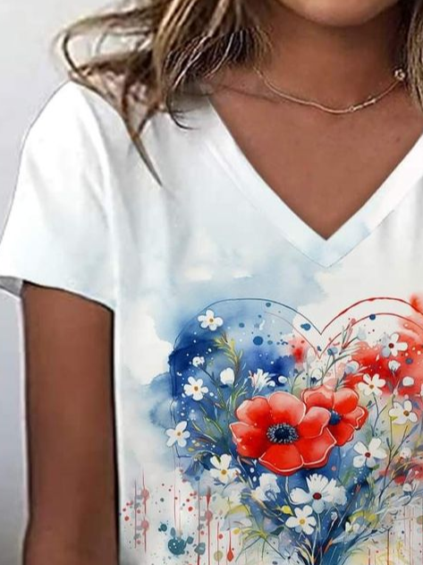 Damen Geblümt Kurzarm T-Shirts T-Shirt V-Ausschnitt Print Lässig Sommer T-Shirt mit Grafik Oberteile