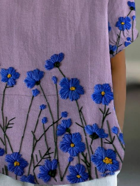 Damen Geblümt Kurzarm Bluse Sommer Print Schalkragen Täglich Lässig Oberteile