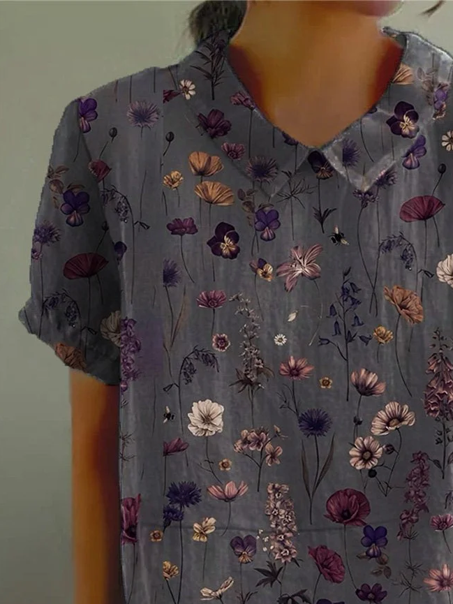 Damen Geblümt Kurzarm Bluse Sommer Print Schalkragen Täglich Lässig Oberteile