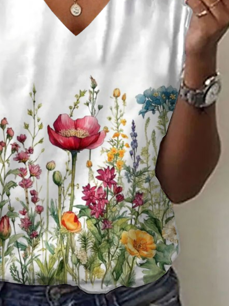 Damen Geblümt Kurzarm T-Shirts T-Shirt V-Ausschnitt Print Lässig Sommer T-Shirt mit Grafik Oberteile