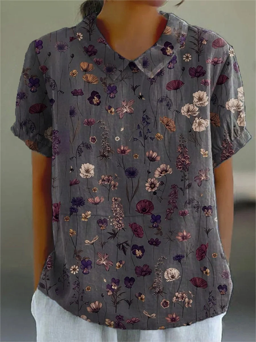 Damen Geblümt Kurzarm Bluse Sommer Print Schalkragen Täglich Lässig Oberteile