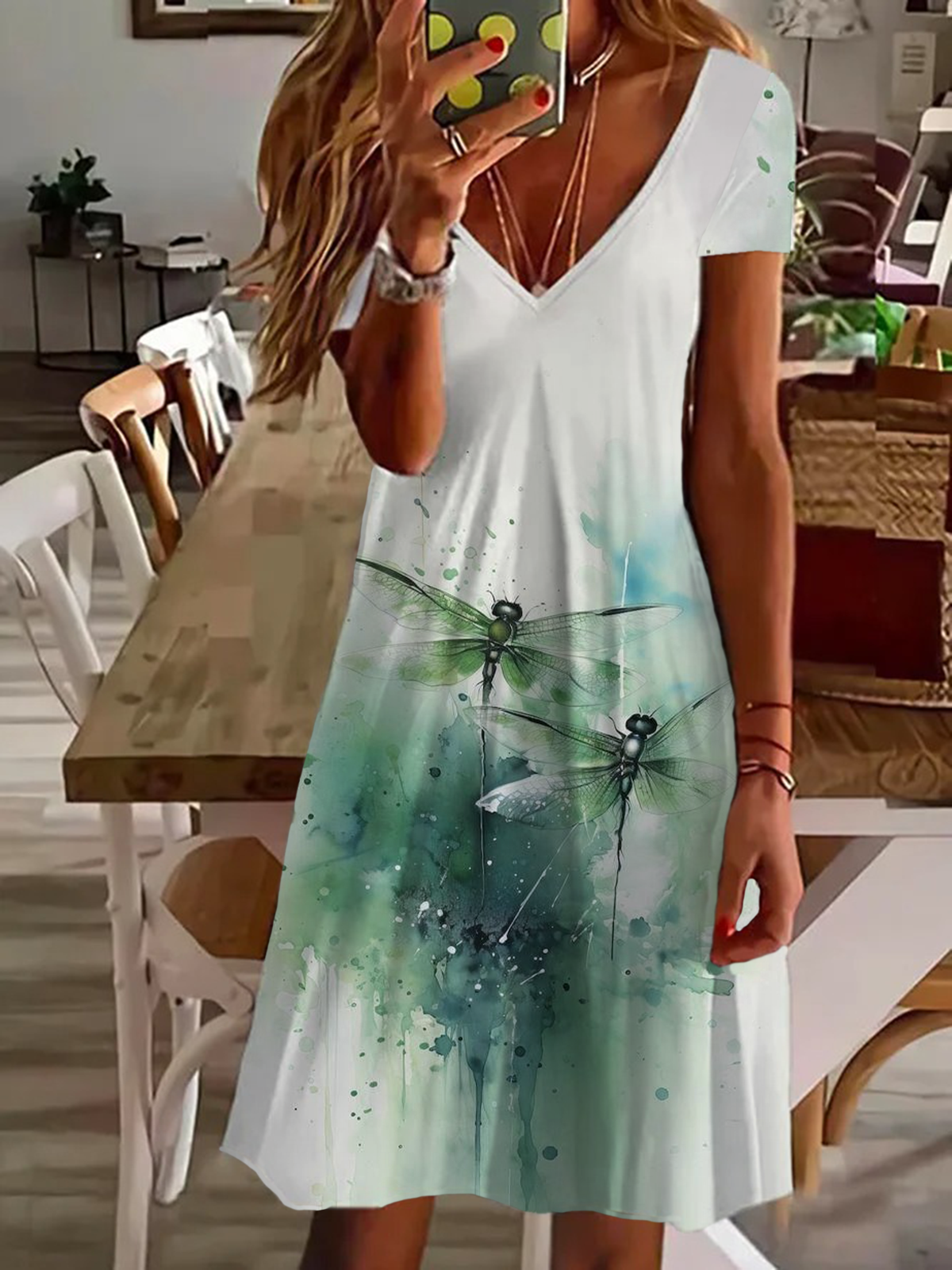 Damen Libelle Kurzarm Sommer Print Kleid V-Ausschnitt Täglich Lässig Midi Passen & Flare Kleid A-Linien-Kleid