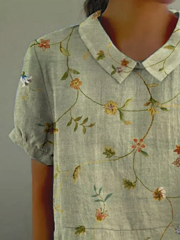 Damen Geblümt Kurzarm Bluse Sommer Print Schalkragen Täglich Lässig Oberteile