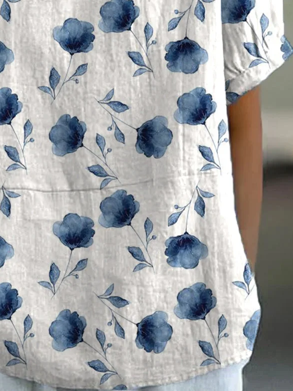 Damen Geblümt Kurzarm Bluse Sommer Print Schalkragen Täglich Lässig Oberteile