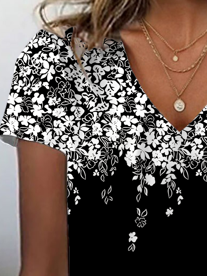 Damen Geblümt Kurzarm T-Shirts T-Shirt V-Ausschnitt Print Lässig Sommer T-Shirt mit Grafik Oberteile