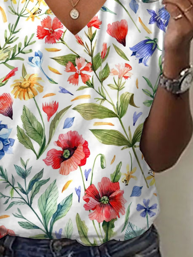 Damen Geblümt Kurzarm T-Shirts T-Shirt V-Ausschnitt Print Lässig Sommer T-Shirt mit Grafik Oberteile