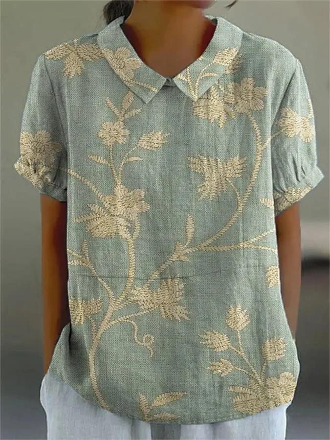 Damen Geblümt Kurzarm Bluse Sommer Print Schalkragen Täglich Lässig Oberteile