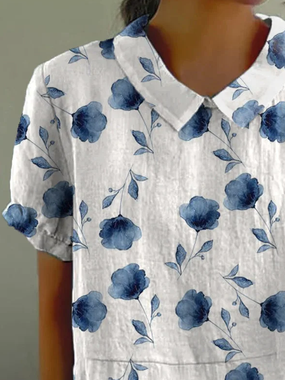 Damen Geblümt Kurzarm Bluse Sommer Print Schalkragen Täglich Lässig Oberteile