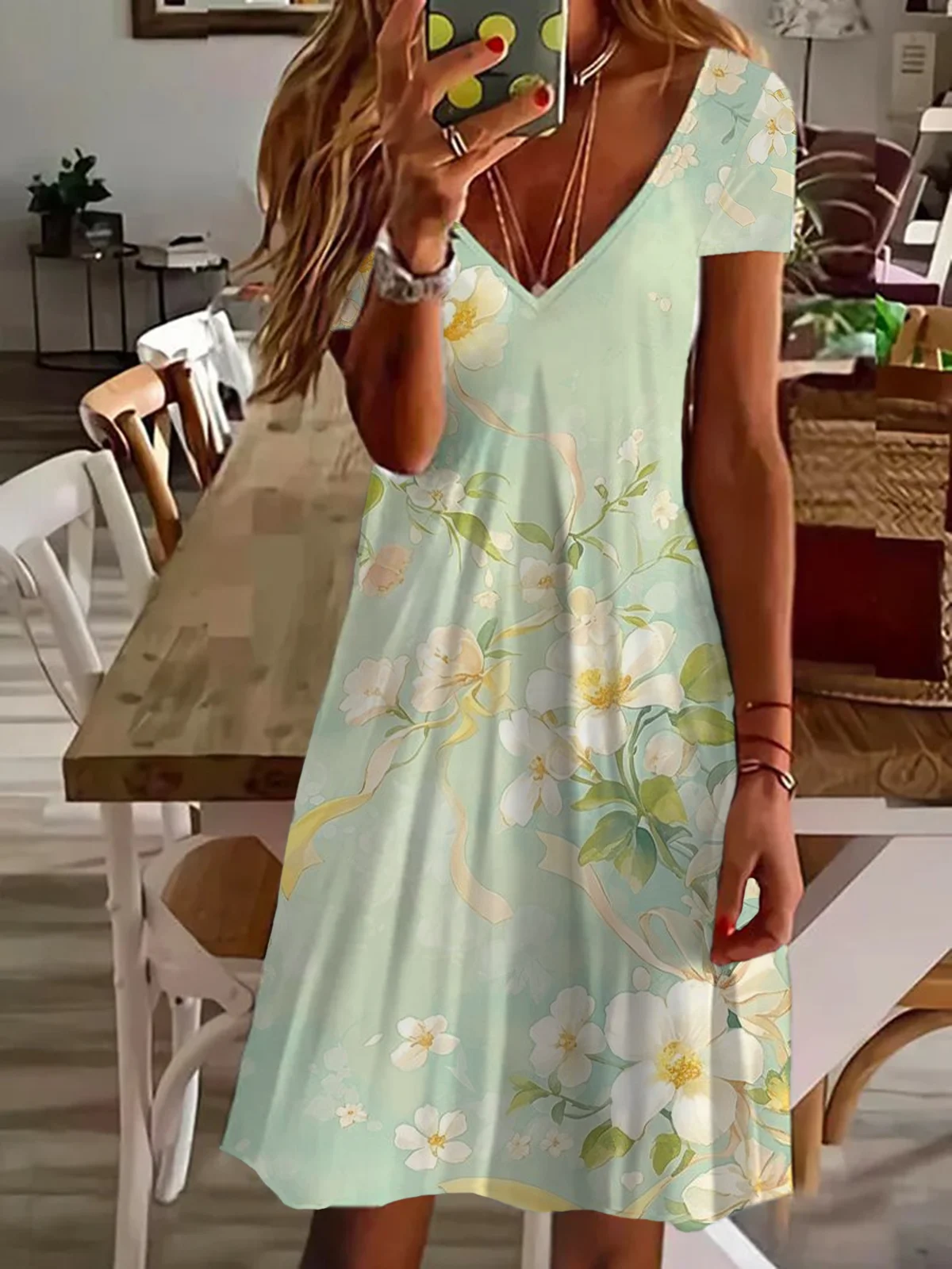 Damen Geblümt Kurzarm Sommer Print Kleid V-Ausschnitt Täglich Lässig Midi Passen & Flare Kleid A-Linien-Kleid