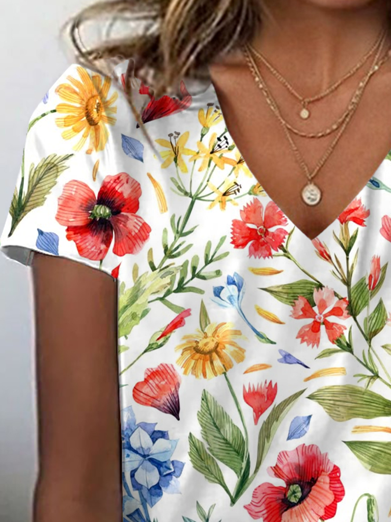 Damen Geblümt Kurzarm T-Shirts T-Shirt V-Ausschnitt Print Lässig Sommer T-Shirt mit Grafik Oberteile