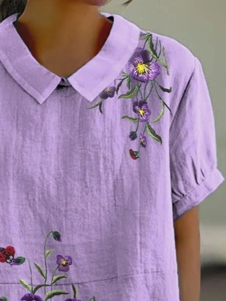 Damen Geblümt Kurzarm Bluse Sommer Print Schalkragen Täglich Lässig Oberteile