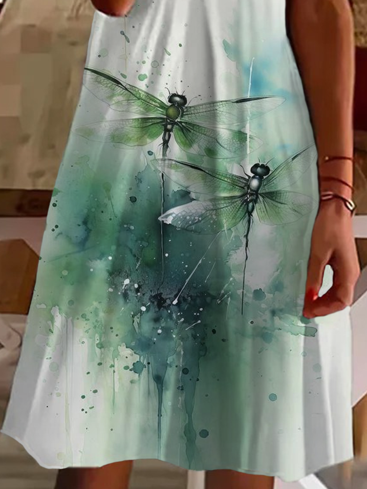 Damen Libelle Kurzarm Sommer Print Kleid V-Ausschnitt Täglich Lässig Midi Passen & Flare Kleid A-Linien-Kleid