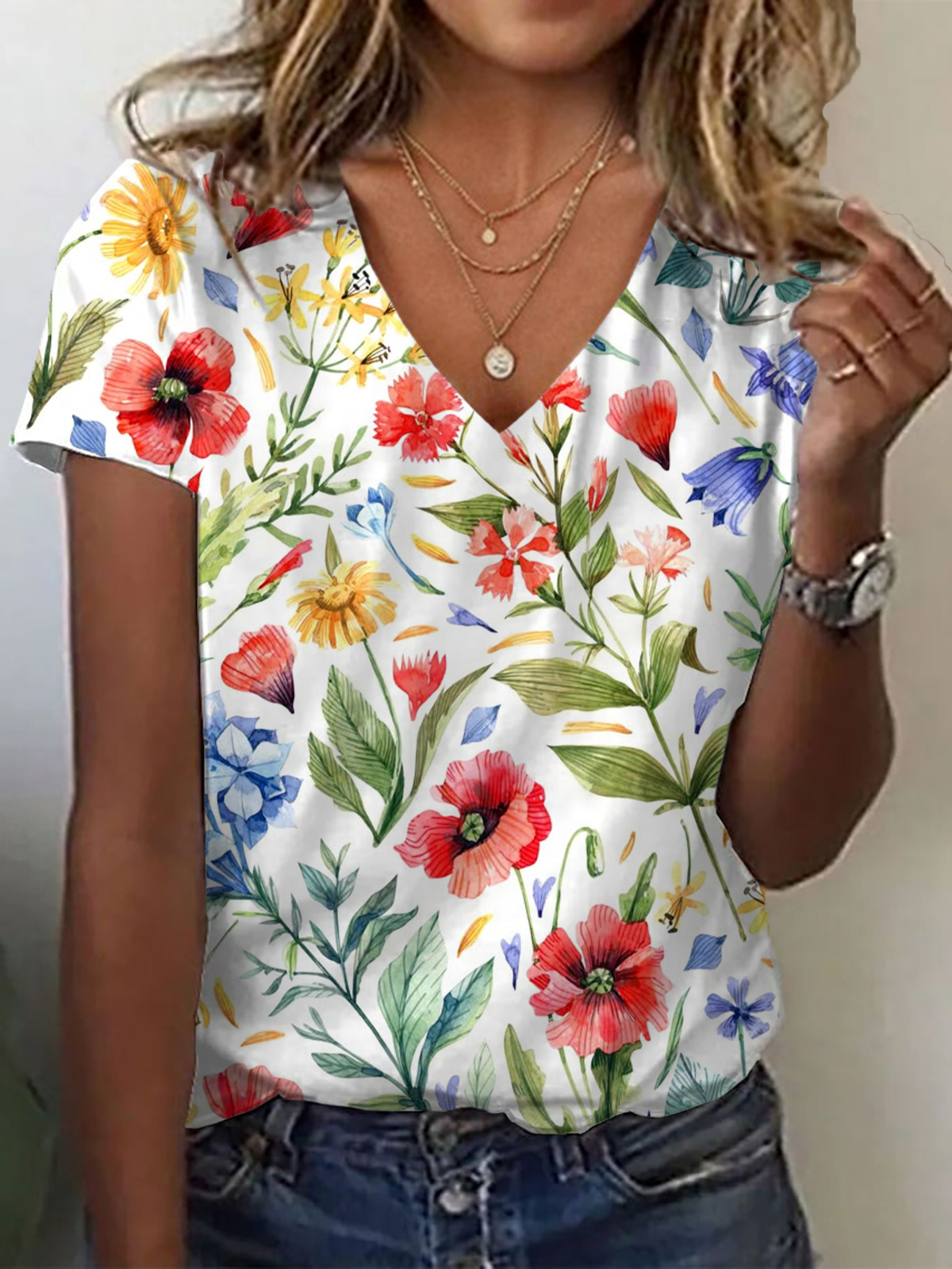 Damen Geblümt Kurzarm T-Shirts T-Shirt V-Ausschnitt Print Lässig Sommer T-Shirt mit Grafik Oberteile