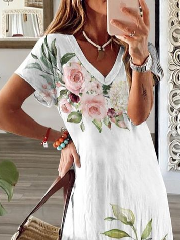 Damen Geblümt Kurzarm Sommer Print Kleid V-Ausschnitt Täglich Lässig Maxikleid X-Linie Kleid
