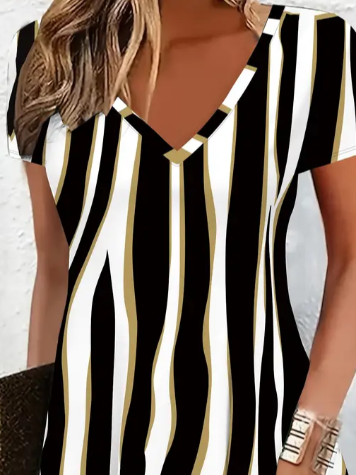 Damen Gestreift Kurzarm Sommer Print Kleid V-Ausschnitt Täglich Lässig Midi Passen & Flare Kleid A-Linien-Kleid