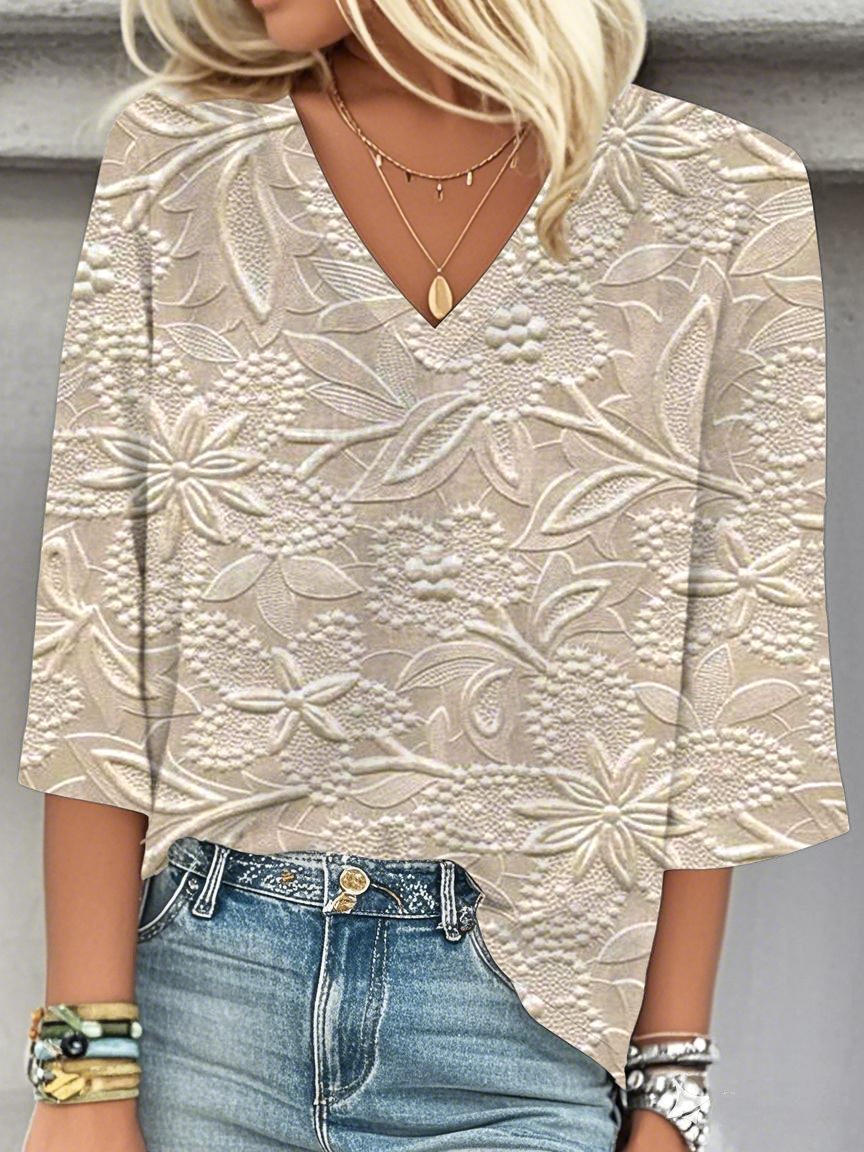 Damen 3d Drucken Dreiviertelärmel Bluse Frühling/Herbst V-Ausschnitt Täglich Lässig Oberteile