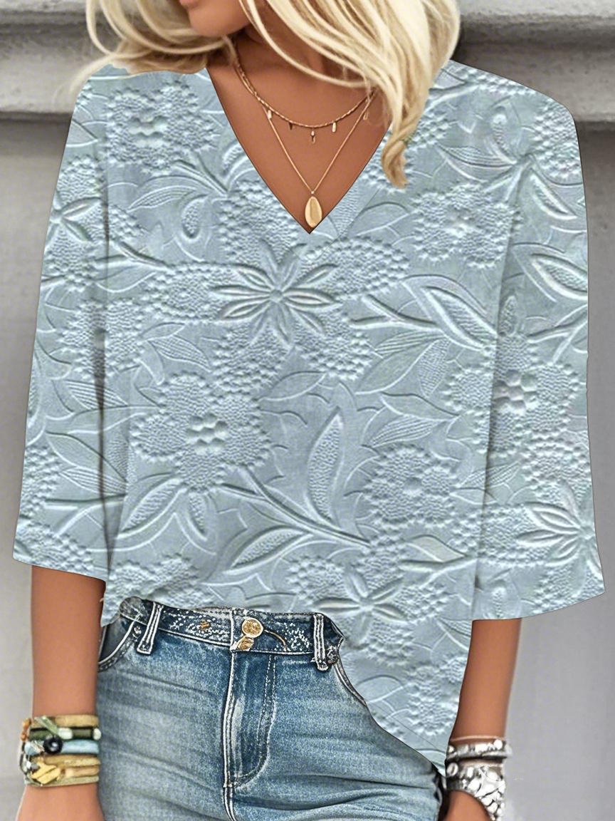 Damen 3d Drucken Dreiviertelärmel Bluse Frühling/Herbst V-Ausschnitt Täglich Lässig Oberteile