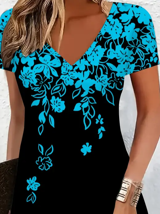 Damen Geblümt Kurzarm Sommer Print Kleid V-Ausschnitt Täglich Lässig Midi Passen & Flare Kleid A-Linien-Kleid