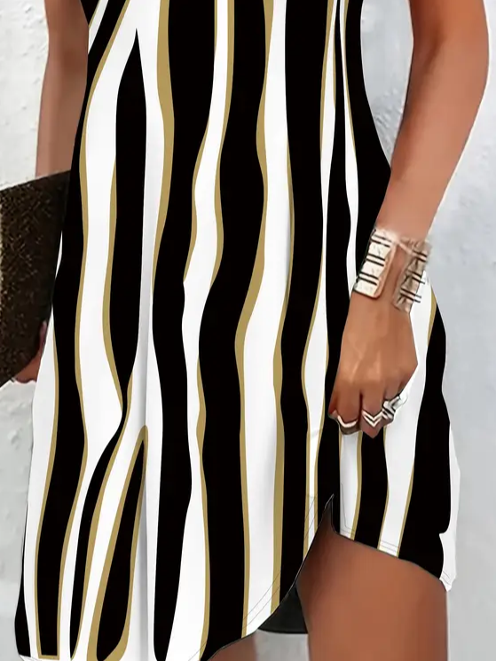 Damen Gestreift Kurzarm Sommer Print Kleid V-Ausschnitt Täglich Lässig Midi Passen & Flare Kleid A-Linien-Kleid