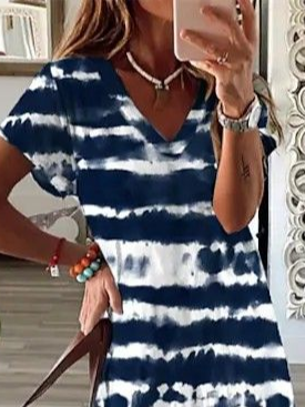Damen Abstrakt Kurzarm Sommer Print Kleid V-Ausschnitt Täglich Lässig Maxikleid X-Linie Kleid