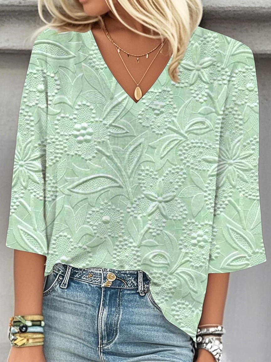 Damen 3d Drucken Dreiviertelärmel Bluse Frühling/Herbst V-Ausschnitt Täglich Lässig Oberteile