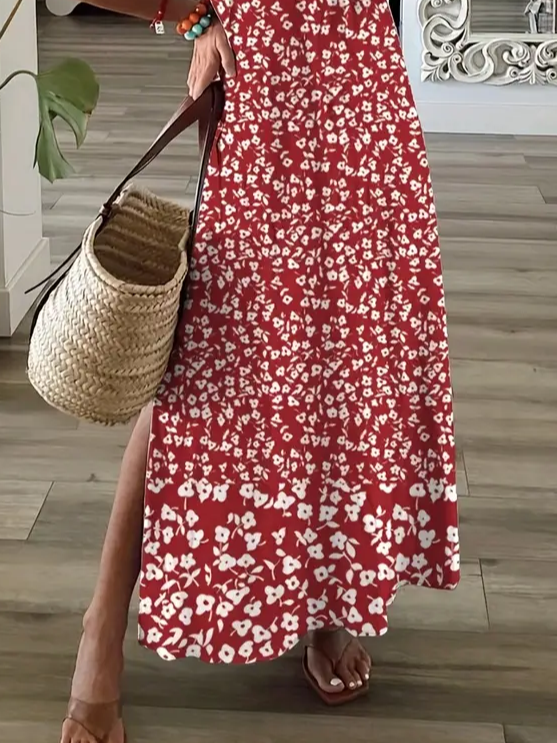 Damen Geblümt Kurzarm Sommer Kleid V-Ausschnitt Täglich Lässig Maxikleid X-Linie Kleid