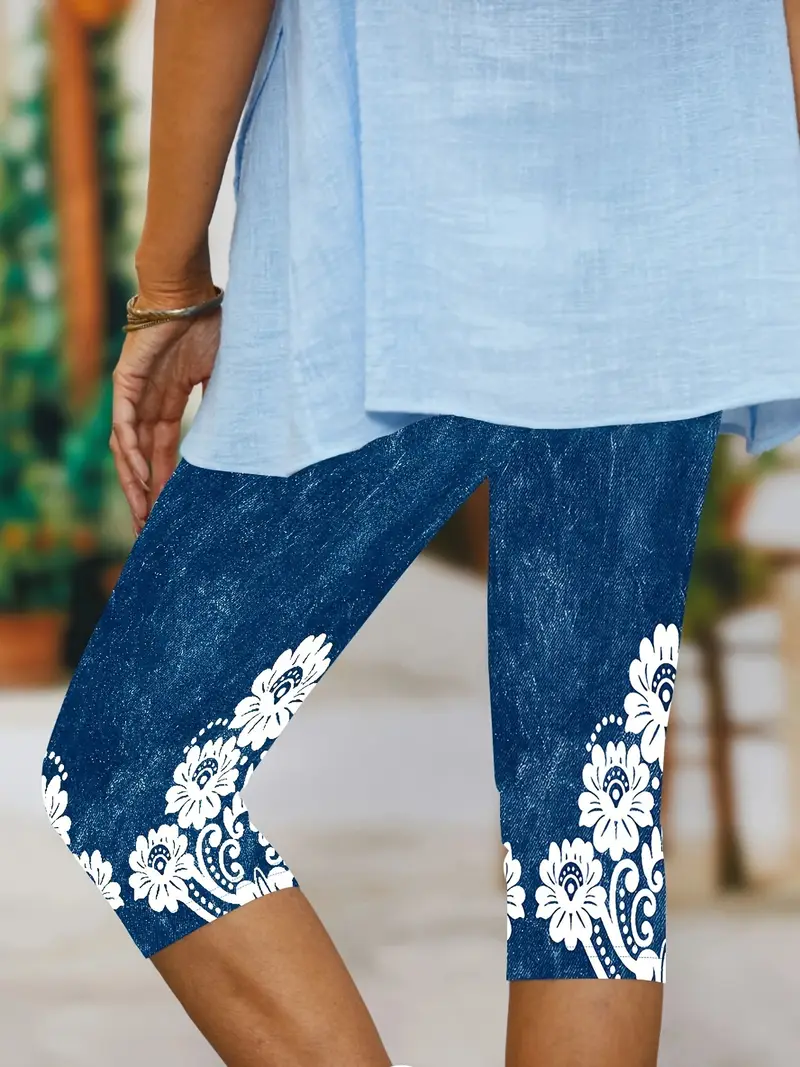 Damen Grafik mit Denim-Imitat-Print Caprihosen Elastische Taille Hose Lässig Sommer Hose