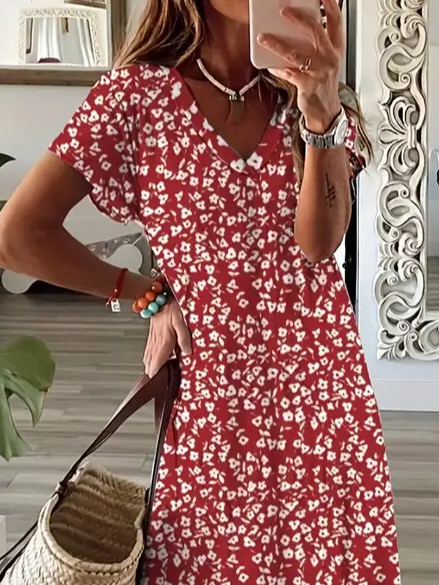 Damen Geblümt Kurzarm Sommer Kleid V-Ausschnitt Täglich Lässig Maxikleid X-Linie Kleid