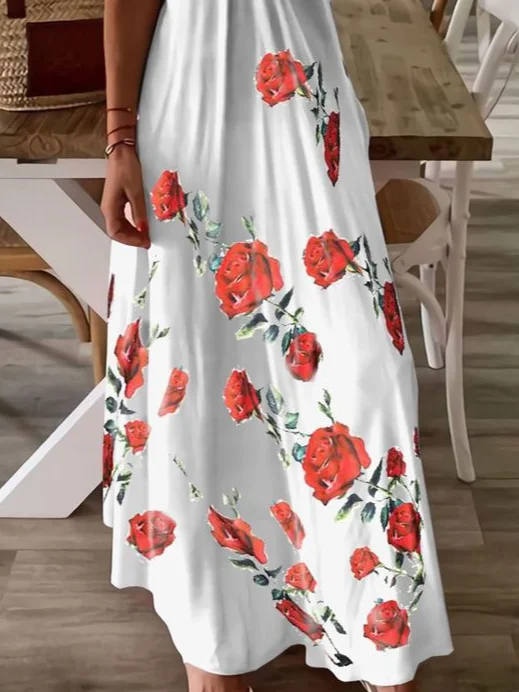 Damen Geblümt Ärmellos Sommer Print Kleid V-Ausschnitt Täglich Lässig Maxikleid Unterhose Kleid X-Linie Kleid