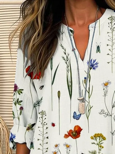 Damen Geblümt Langarm Bluse Frühling/Herbst Print V-Ausschnitt Täglich Lässig Oberteile