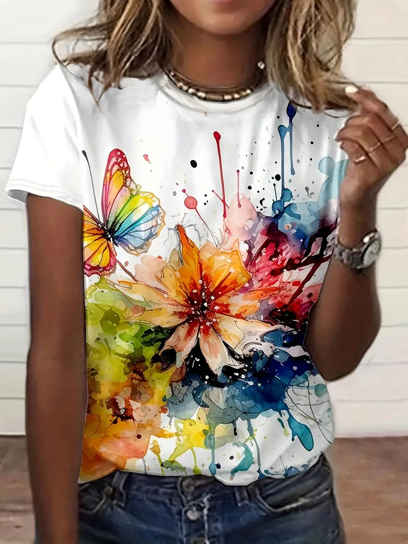 Damen Geblümt Kurzarm T-Shirts T-Shirt Rundhals Print Lässig Sommer T-Shirt mit Grafik Oberteile