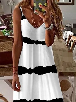 Damen Gestreift Ärmellos Sommer Print Kleid V-Ausschnitt Täglich Lässig Maxikleid Unterhose Kleid X-Linie Kleid