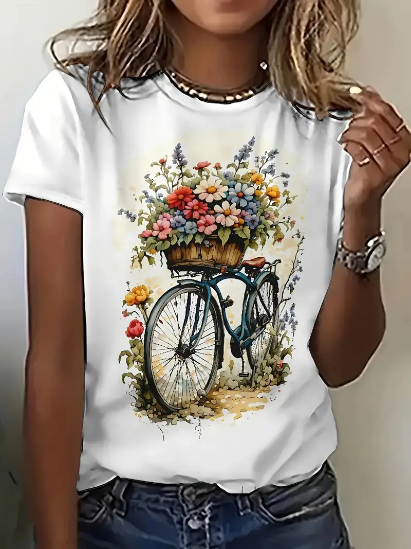 Damen Geblümt Kurzarm T-Shirts T-Shirt Rundhals Print Lässig Sommer Oberteile