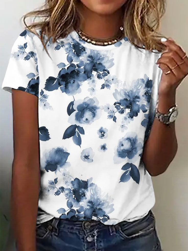 Damen Geblümt Kurzarm T-Shirts T-Shirt Rundhals Print Lässig Sommer T-Shirt mit Grafik Oberteile