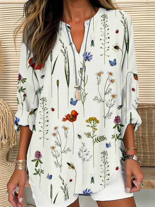 Damen Geblümt Langarm Bluse Frühling/Herbst Print V-Ausschnitt Täglich Lässig Oberteile